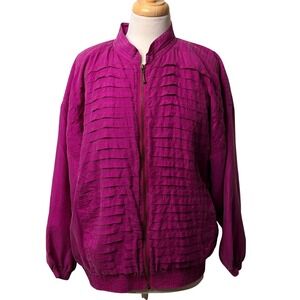 EVR Silk Jacket Sz Med Magenta Ruffle Zip Bomber Lightweight Outerwear Vintage